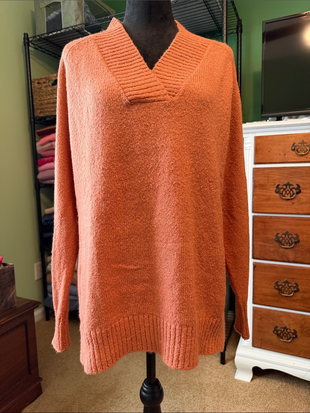 Belle by Kim Gravel Burnt Orange V-Neck Cozy Pullover Sweater